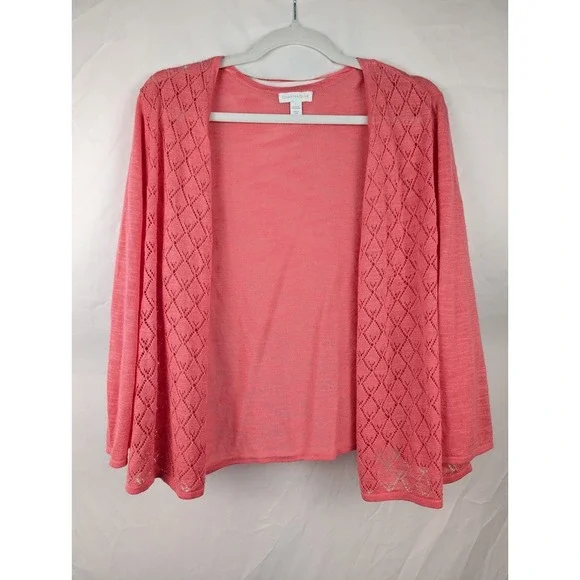 Lace Pointelle Open Front Cardigan Size L Coral Knit Coquette Preppy Soft Girl - Picture 2 of 8